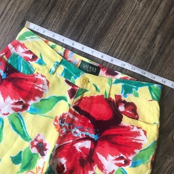 Lauren Ralph Lauren Linen Butter Yellow Floral Cropped Pants - Picture 5 of 11